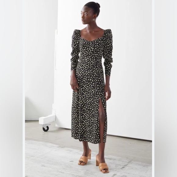 & Other Stories Midi Dress Black Long Puff Sleeve Sweetheart Dots NWT Size 12